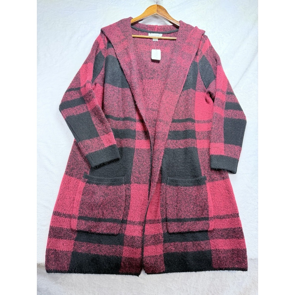 NWT Christopher & Banks Red Black Plaid Cozy Hooded Sweater Coat Cardigan Large